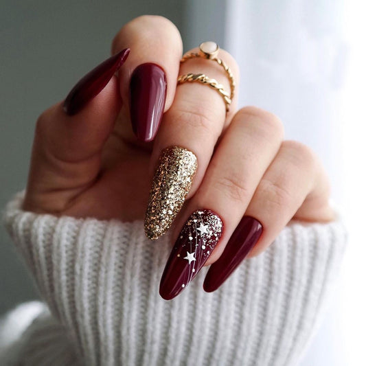 Glam Ornaments Snowing Long Almond Red Holiday Press On Nails