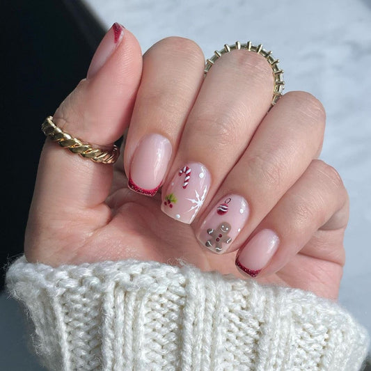 Christmas Sweets Short Square Beige Holiday Press On Nails