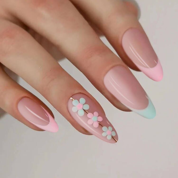 Spring Blossom Long Almond Pastel Ombre Press On Nail Set with Floral Embellishments