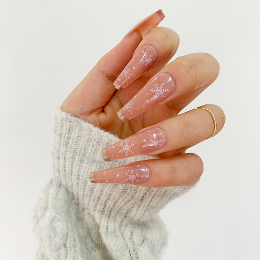 Snowflake Princess Long Coffin Beige Winter Press On Nails