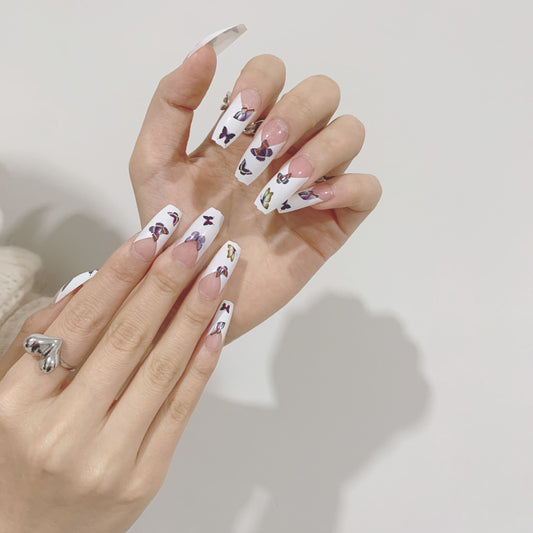 Butterfly Migration Long Coffin White Spring Press On Nails