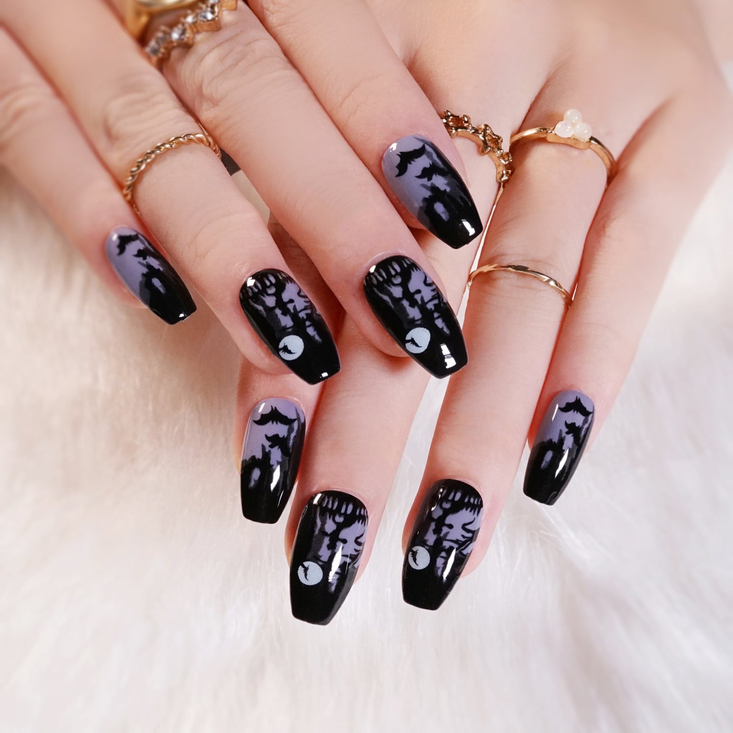 Gothic Glamour Medium Coffin Black Press On Nail Set with Ombre Bat Design