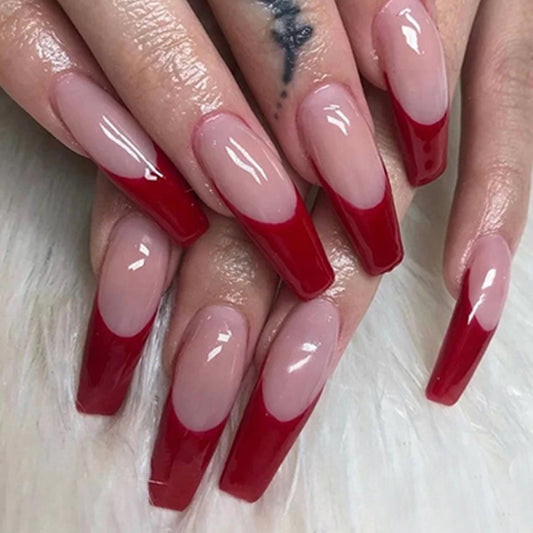 Touch of Red Long Coffin Beige French Tips Press On Nails