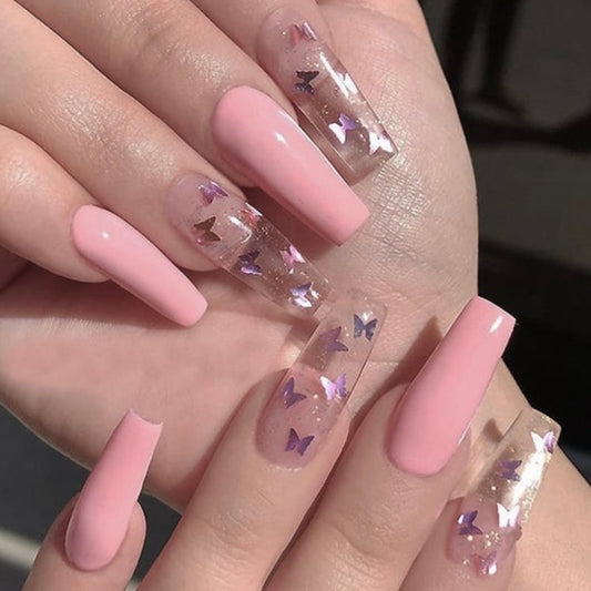 Fly Away With Me Long Coffin Pink Cute Press On Nails