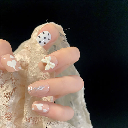 Polka Dot Princess Short Square Beige Pattern Press On Nails