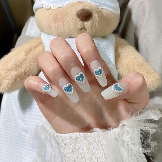 Stud Heart Long Coffin White Hearts Press On Nails