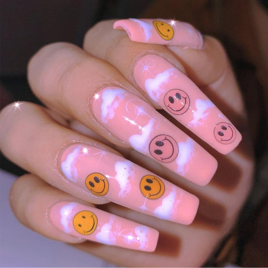 Smile Long Coffin Pink Cartoon Press On Nails