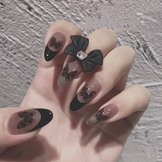 Goth Baby Medium Oval Beige Bow Press On Nails