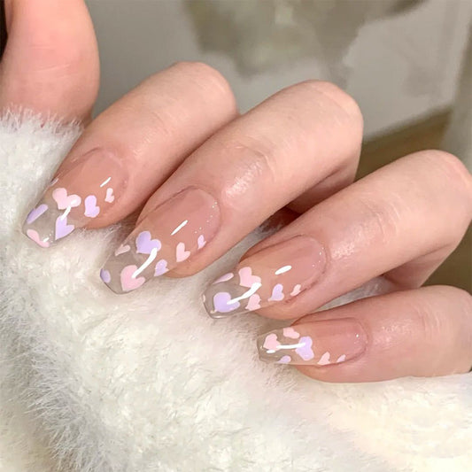 Love Flutter Short Coffin Beige Hearts Press On Nails