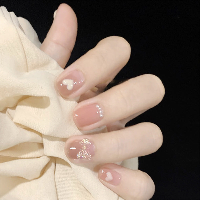 Elegant Romance Medium Squoval Pink Press On Nail Set with Rhinestone Accents and Heart Design