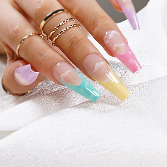 Cloudy Colors Long Coffin Beige French Tips Press On Nails