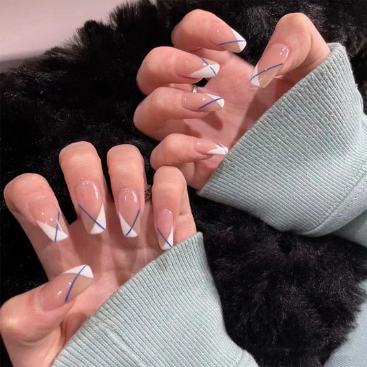 Criss Cross Long Square Beige Pattern Press On Nails