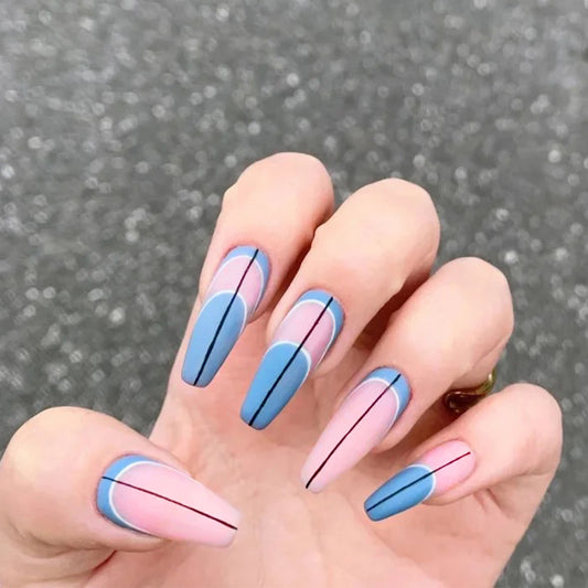 Last Strike Long Coffin Blue Pattern Press On Nails