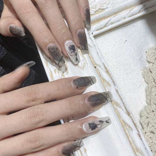 Rock On Long Coffin Gray Pattern Press On Nails