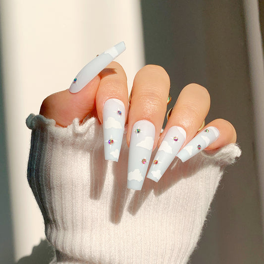 Cloudy Jewel Long Coffin Gray Pattern Press On Nails