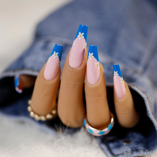 Baby Doll Long Coffin Blue French Tips Press On Nails