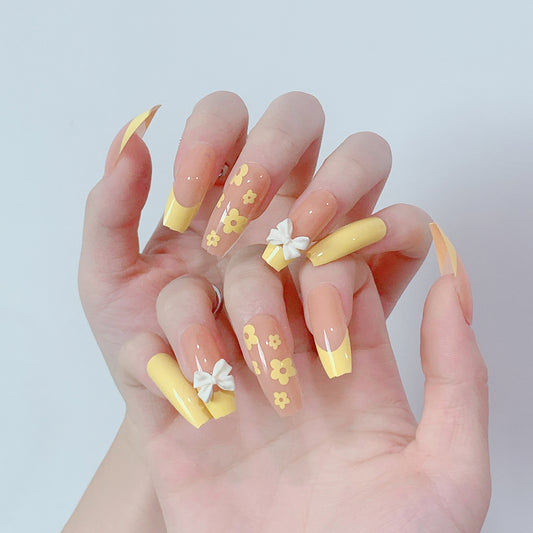 Be My Cutie Long Coffin Yellow Spring Press On Nails