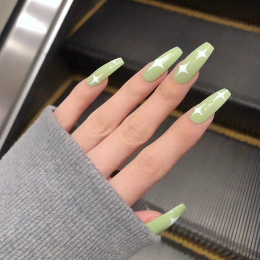 Anime Twinkle Long Coffin Green Pattern St. Patrick's Day Press On Nails