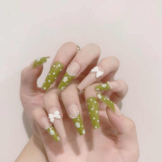 Poke My Dot Long Coffin Green Pattern St. Patrick's Day Press On Nails