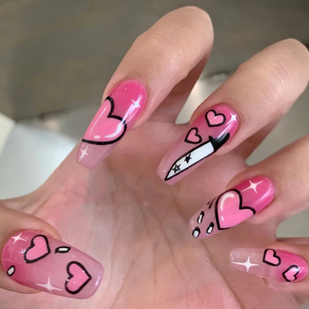 Love Me Not? Long Coffin Pink Cartoon Press On Nails