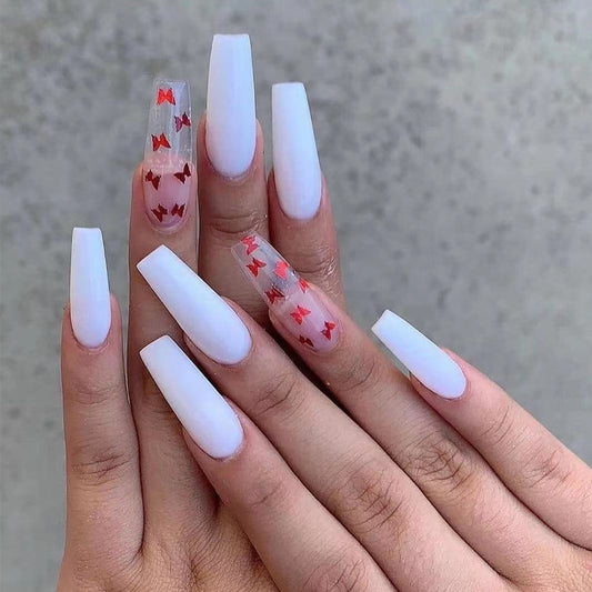 Pitter Patter Long Coffin White Valentine's Day Press On Nails