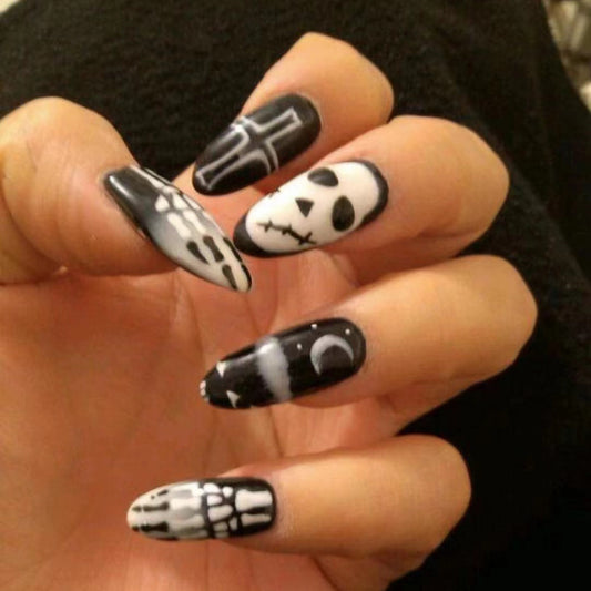 Spooky Elegance Long Oval Black and White Press On Nails with Halloween Art Design