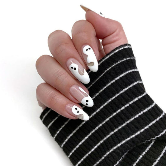 Spooky Spectacle Long Oval White Press On Nails with Ghostly Accents