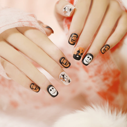 Spooky Elegance Short Squoval Black Press On Nail Set with Halloween-Themed Artwork