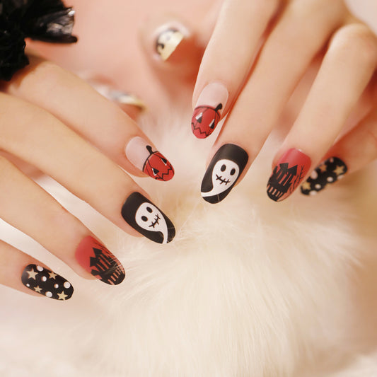 Spooky Elegance Long Oval Black Red Halloween-Themed Press On Nail Set with Skull and Pumpkin Designs