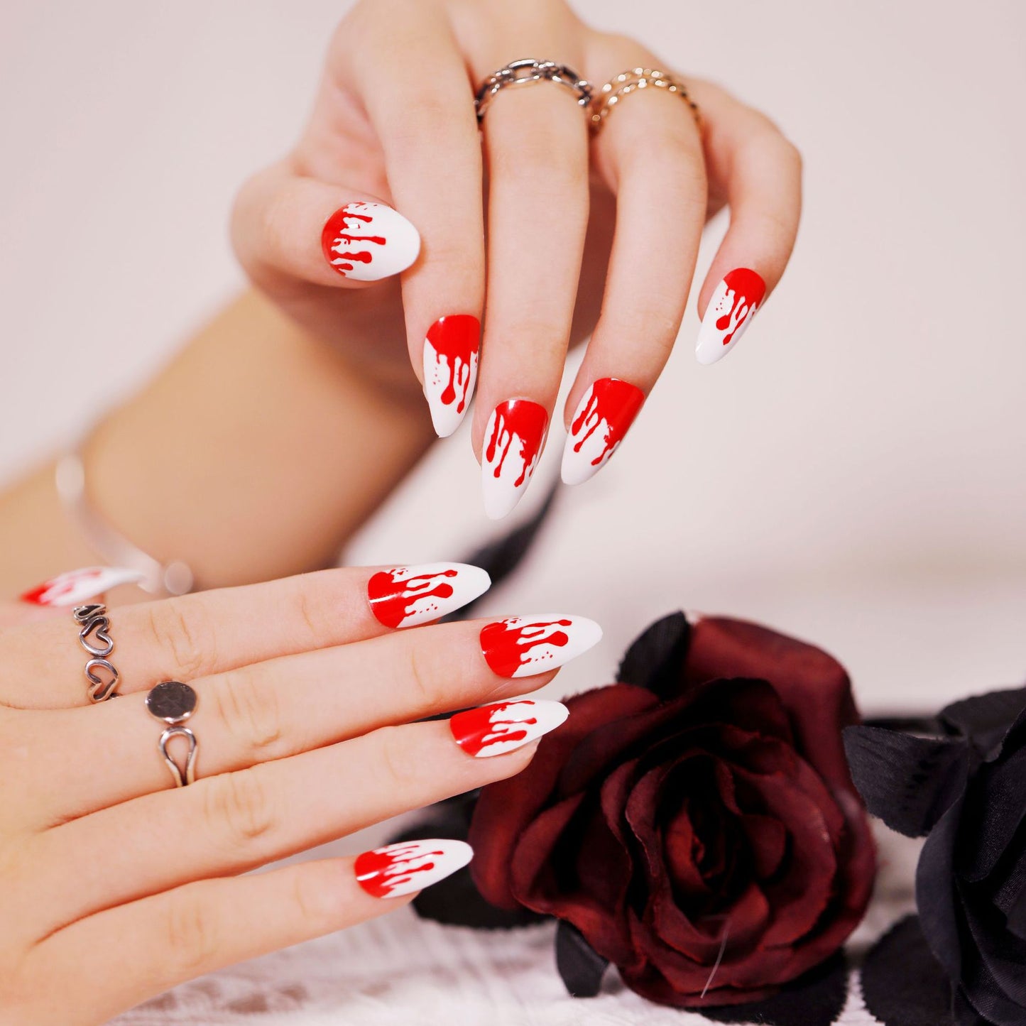 Spooky Elegance Long Almond White and Red Blood Drip Design Press On Nail Set