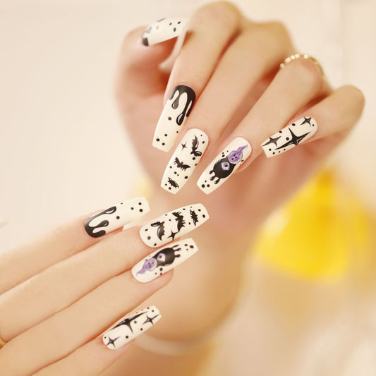 Spooky Chic Extra Long Coffin Black and White Press On Nail Set with Halloween Motifs