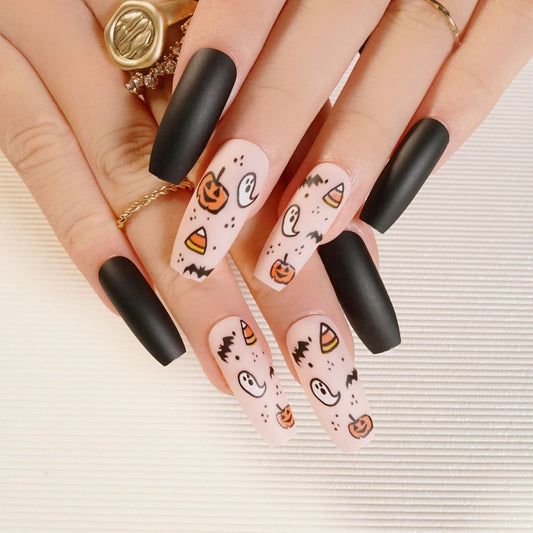 Spooky Elegance Extra Long Coffin Matte Black and Halloween Pattern Press On Nail Set