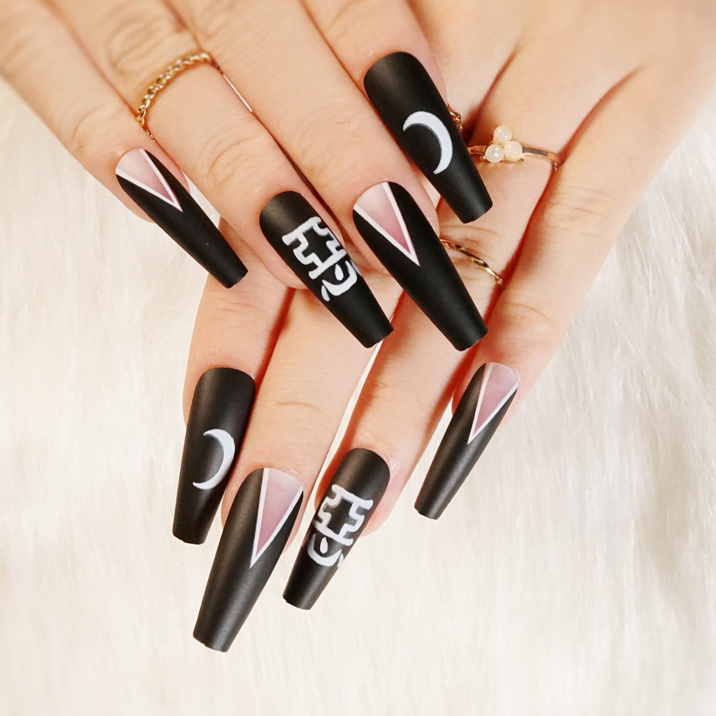 Mystical Moonlit Night Long Coffin Black Press on Nails with Celestial Accents and Geometric Designs