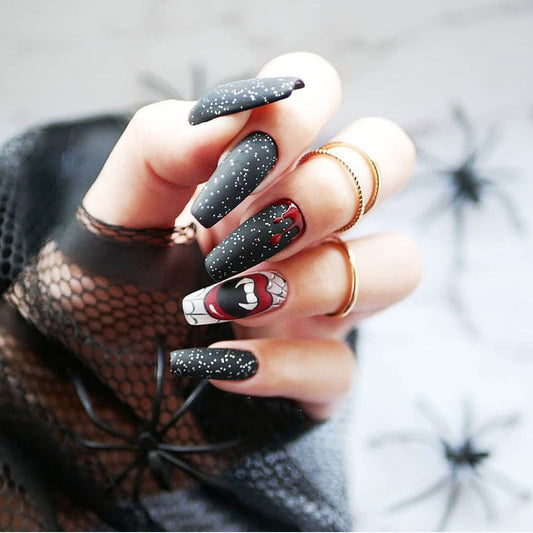 Spooky Elegance Medium Coffin Black Press On Nails with Sparkling Accents and Vampire Lips Detail