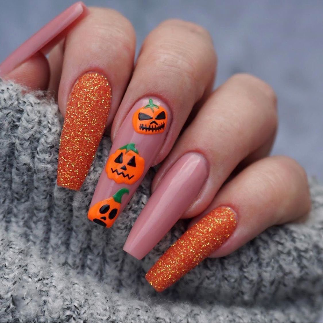 Spooky Halloween Long Coffin Orange and Pink Glitter Pumpkin Press On Nail Set