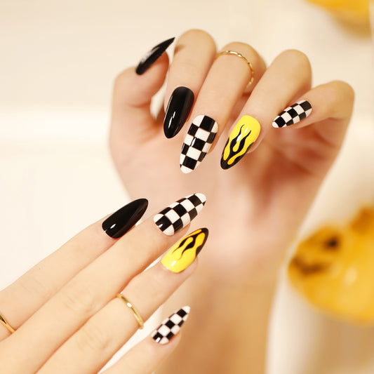 Racing Glamour Extra Medium Almond Black and Yellow Checkered Flame Press On Nails Set