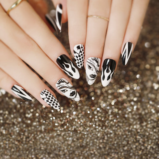 Pop Art Glam Long Almond Black and White Press On Nail Set with Abstract Faces Design