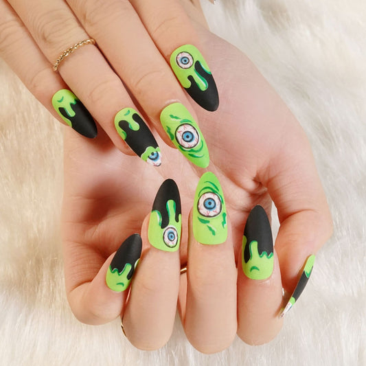 Eerie Elegance Long Almond-shaped Neon Green & Black Press On Nails with Eyeball Accents