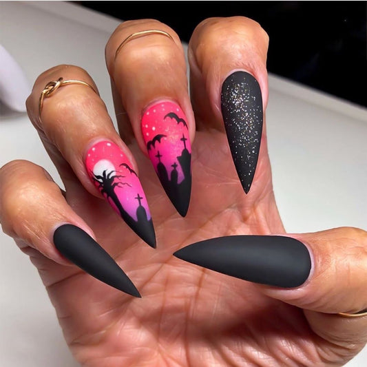 Gothic Glamour Long Stiletto Black and Pink Press On Nail Set with Spooky Silhouettes and Glitter Accent