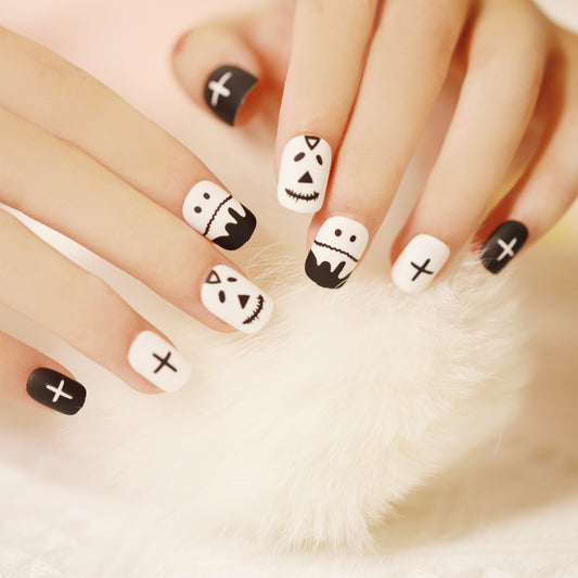 Spooky Elegance Short Squoval Press-On Nails in Black and White with Halloween-Inspired Designs