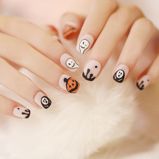 Spooky Elegance Short Squoval Black and White Press On Nail Set with Halloween Icons Design