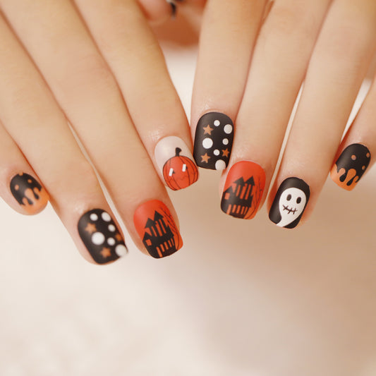 Spooky Elegance Short Squoval Black and Orange Press On Nail Set with Halloween-Themed Artwork