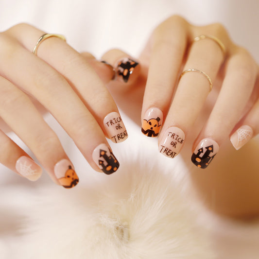 Spooky Elegance Short Length Squoval Cut Beige and Black Halloween Themed Press On Nail Set with Festive Designs