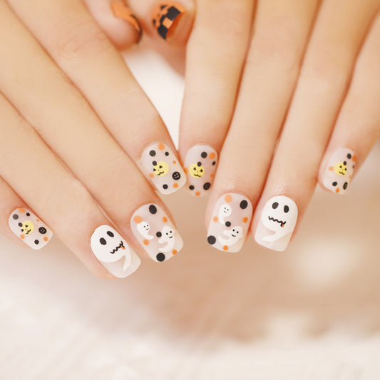 Spooky Elegance Short Squoval Beige Press On Nail Set with Ghost and Pumpkin Accents