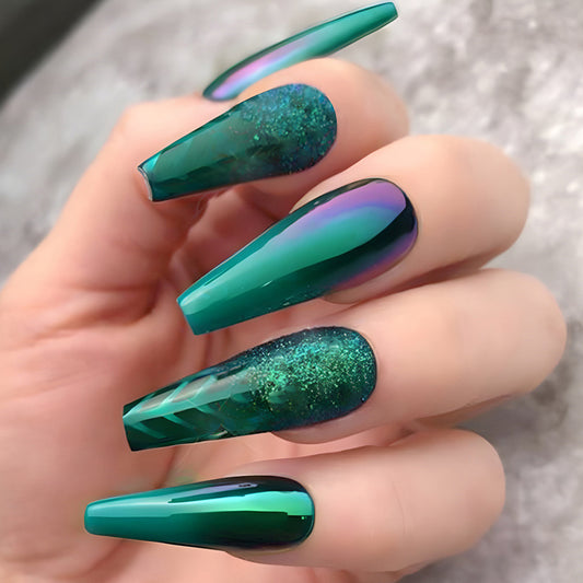 Mermaid Magic Extra Long Coffin Green Press On Nails with Shimmering Glitter Detail