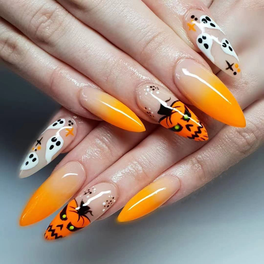 Halloween Extravaganza Long Almond Ombre Orange and White Press On Nail Set with Spooky Accent Designs