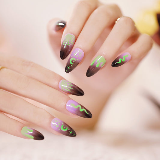 Mystical Glow Extra-Long Almond Black and Purple Press On Nail Set with Neon Accents