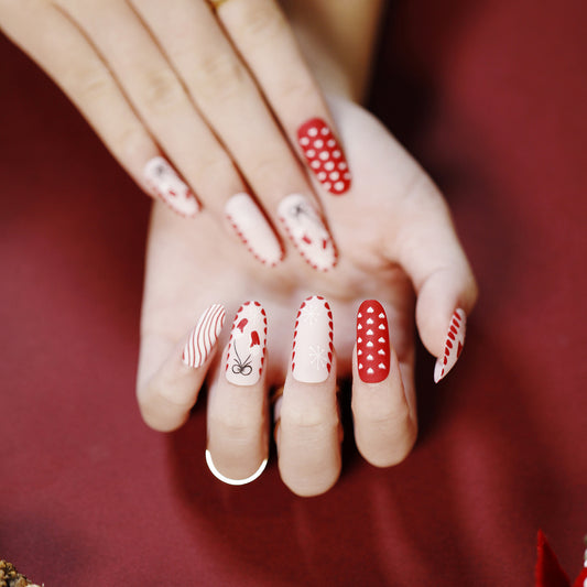 Valentine's Affair Long Oval Red and White Press On Nail Set with Heart Accents and Striped Designs