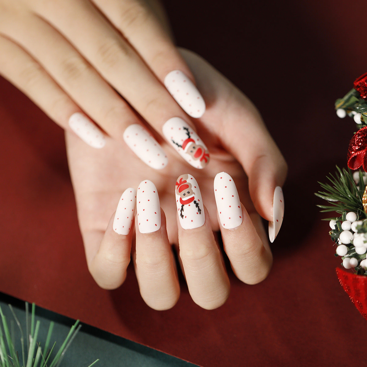 Holiday Festive Medium Oval White Press On Nail Set with Snowman Design and Red Accents