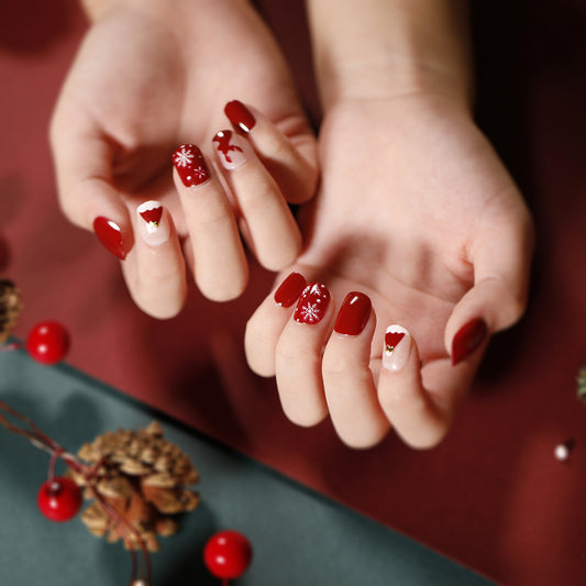 Winter Wonderland Short Square Burgundy Press On Nail Set with Snowflake Accents